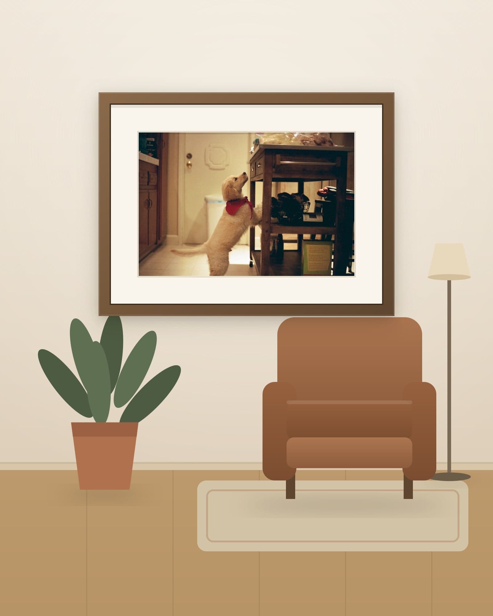 Framed and matted print of a golden retriever puppy in a red bandana, hung in a modern reading corner with a leather armchair and a plant